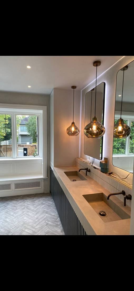 Concrete Double Vanity with Smoked Glass Pendants