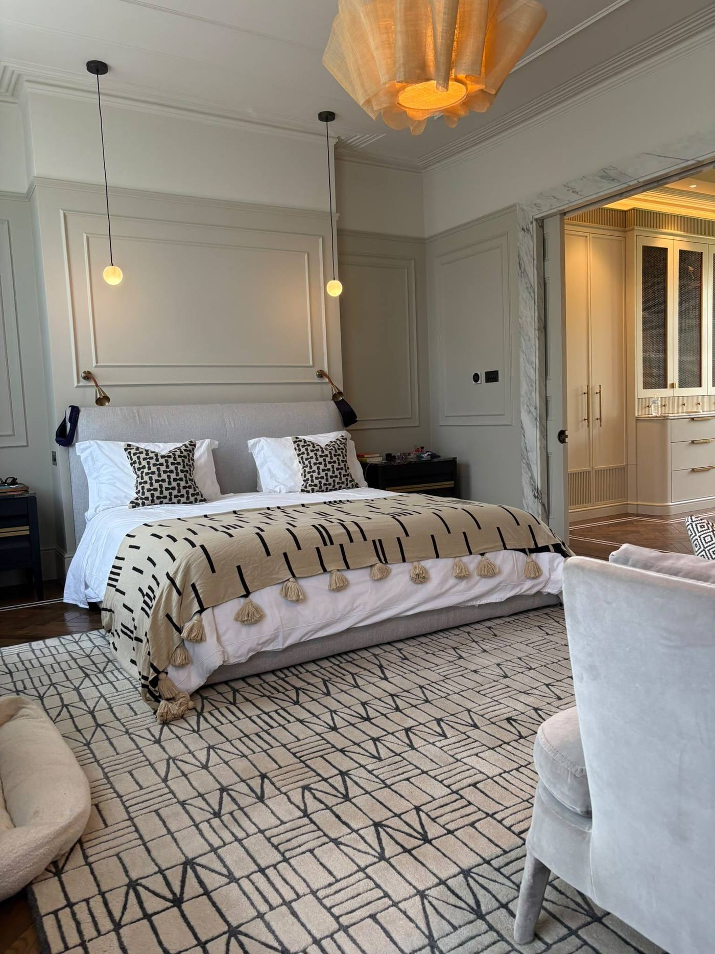 Grey panelled bedroom with marble doorway, Edgware