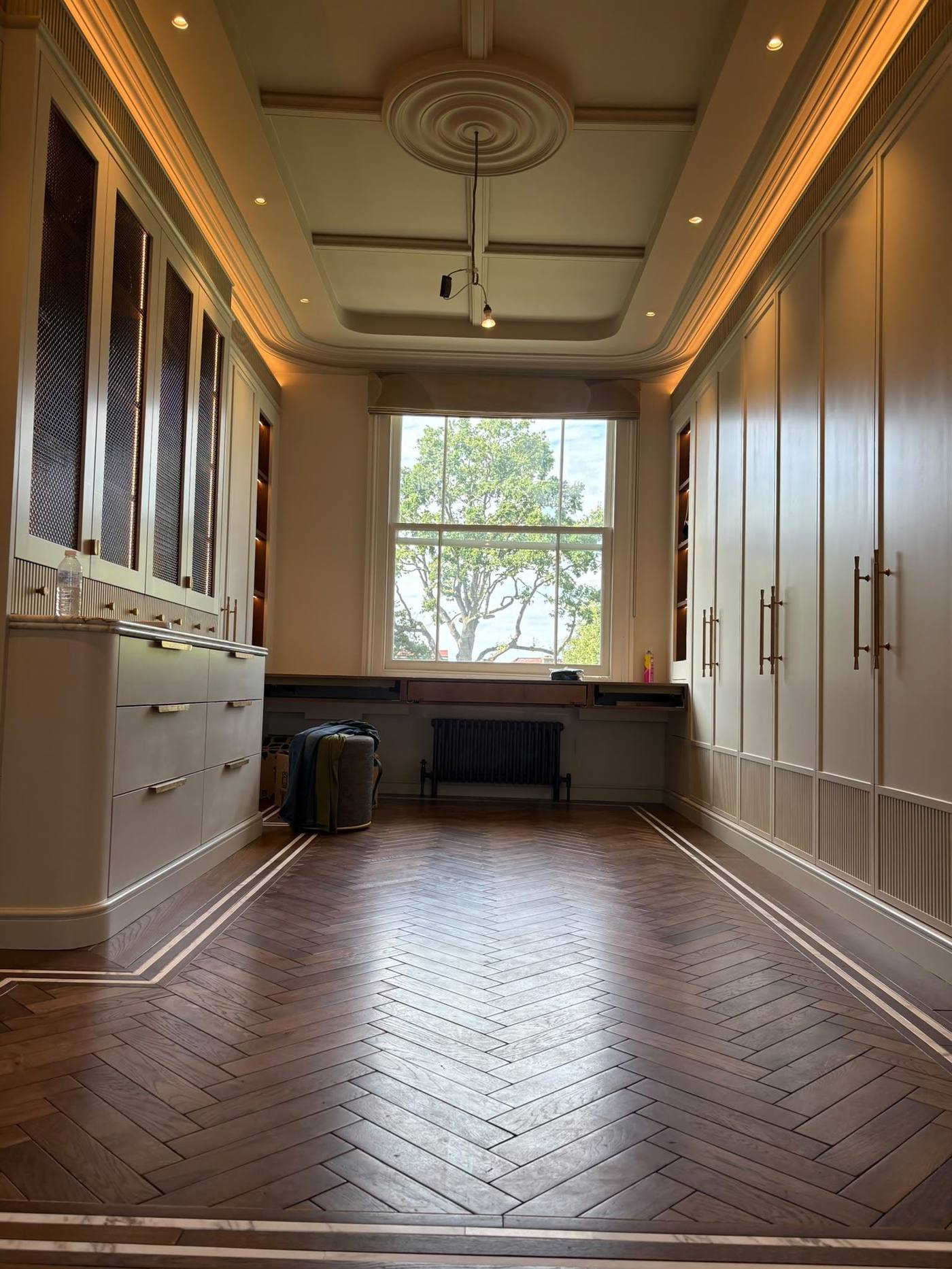 Luxury bedroom parquet flooring, decorating project