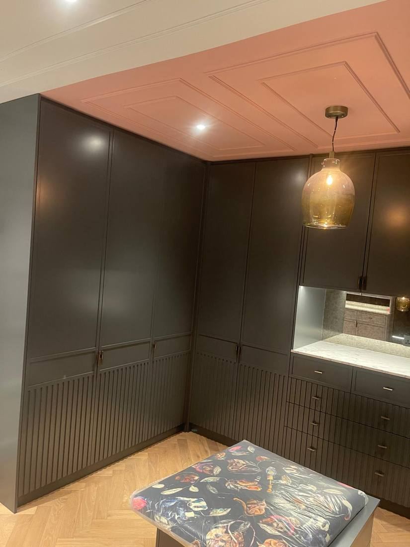 Master Bedroom — Dark Wardrobes & Blush Ceiling