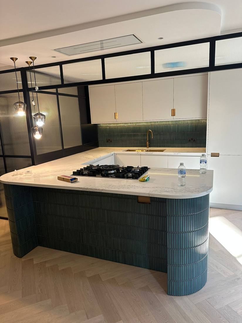Teal Ribbed-Tile Kitchen Island